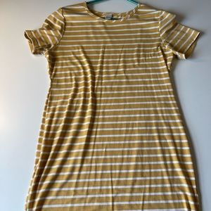Yellow and white stripped sundress that goes to the knees, and it is a slim fit